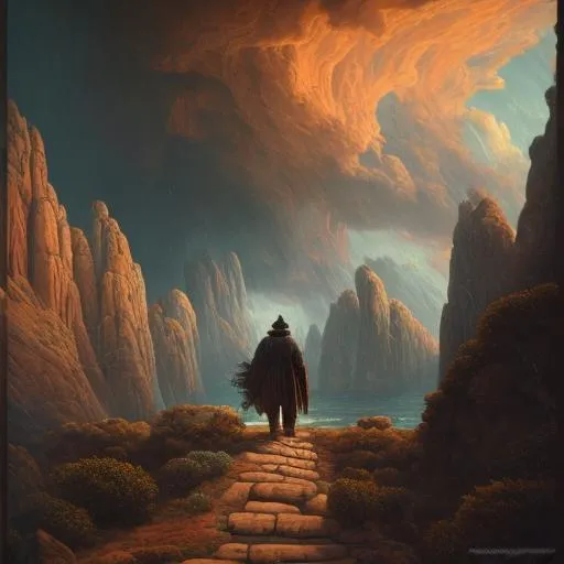 Prompt: ultra detailed Ancient rockey landscape, beautiful landscape, style: Robert S. Duncanson painting, subject:  man walking down a path, close to camera, looking at horizon in background, wearing dark robes, windy, ominous black tower ahead, rocky, there's a sunset on horizon but a bad storm cell rages ahead, octane render, unreal engine 5, blender render, light rays, bokeh.