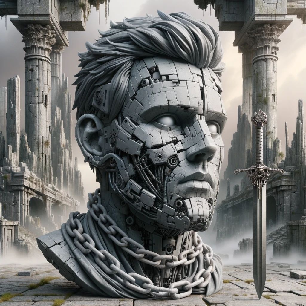 Prompt: Digital render of a man's face made of gray futuristic robot components, with a chain wrapped around part of his face and a sword beside him. The backdrop showcases grandiose ruins, and the art style embodies harsh palette knife work, giving it a textured and rough appearance. The setting is enhanced with advanced lighting (rtx on), adding depth and realism.