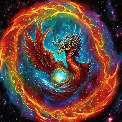 Prompt: Title: "The Birth of the Cosmic Phoenix"

Description: In the heart of an infinite cosmic expanse, where galaxies and nebulae collide and merge, there exists a celestial crucible—a swirling vortex of celestial gases and stardust. Within this cosmic cauldron, the birth of the Cosmic Phoenix is taking place.

Picture a colossal, radiant phoenix with wings spanning entire galaxies, its fiery plumage a dazzling array of colors, from sapphire blues to fiery reds and golden yellows. Its outstretched wings are the source of unimaginable cosmic energy, birthing new stars and solar systems with each powerful flap.

The Cosmic Phoenix rises from the core of a dying star, its rebirth an explosion of brilliant light, illuminating the cosmic darkness. As it ascends, its feathers scatter across the cosmos, becoming the seeds of galaxies and nebulae, each imbued with the promise of life and creation.

Around this majestic being, celestial beings of every shape and form gather to witness this awe-inspiring event. They pay homage to the Cosmic Phoenix, acknowledging its role as the cosmic architect, shaping the destiny of galaxies and the course of cosmic evolution.

In the background, a tapestry of interstellar clouds and celestial bodies forms a breathtaking backdrop, a testament to the infinite beauty and wonder of the cosmos. The birth of the Cosmic Phoenix symbolizes the eternal cycle of creation and destruction, a reminder that even in the cosmic chaos, there is always the potential for rebirth and renewal.