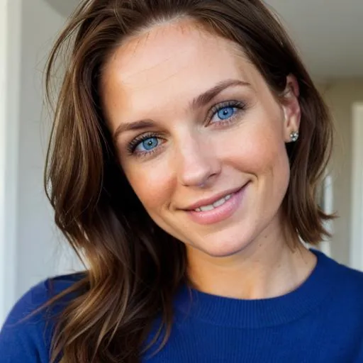 Prompt: Brown hair, blue eyes, 30 year old woman, smile