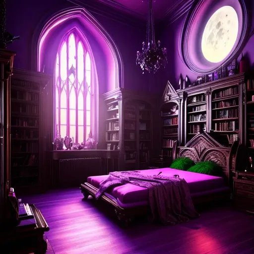 Prompt: HD, 4K, 3D, Stunning, magic, cinematic camera, two-point perspective, interior design,witch bedroom, ethereal,chaise longue, full moon outside, gorgeous gothic windows,bookshelf, cauldron, magic mirrors, light contrast, witchy ambient, purple and green sunstrails, moon glow, magic books, 