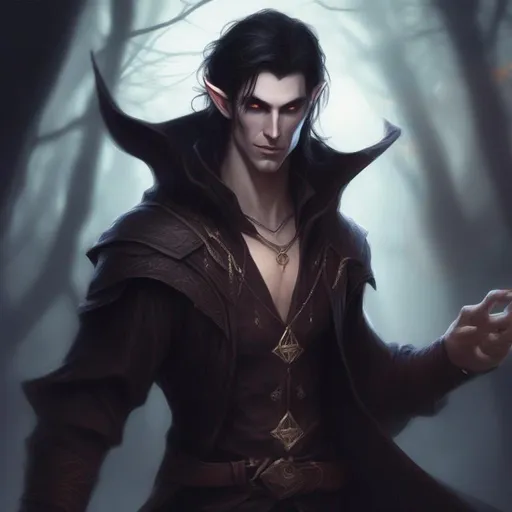 Prompt: male fey elf dnd arcane trickster hi res, vampire hunter d looking elf, sinister, dark hair, badass, glowing eyes