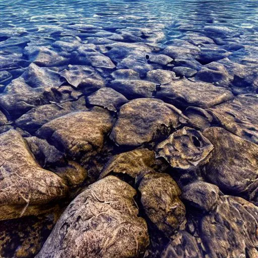 Prompt: closeup of smooth rocks under shallow calm water hyperrealism 4k highly detailed
