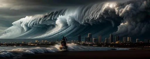 Prompt: Apocalyptic tsunami approaching a cityscape, back view of a lone female anxiously galloping away riding bare back on a horse, epic scene, oceanside, volumetric lighting, hyperdetailed, stormy waves, 8k, uhd, hdr, cinematic,