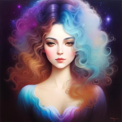 Prompt: cosmic Light Brown Beauty. Art by artgerm, edre penovac, Daniel Merriam, catrin Welz-Stein, Nicoletta ceccoli, James Jean. Gradient chrome colours. 3d.