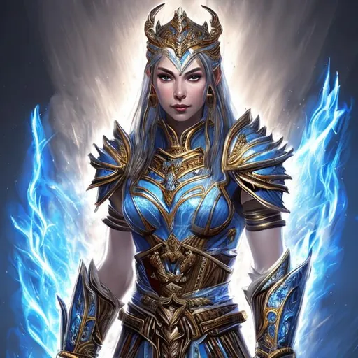 Prompt: 
female Goddess, white armor, blue fire background, portrait elder scrolls art