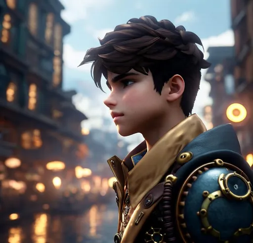 Prompt: Boy in a steampunk world  ,perfect  nose, brown hair, hairstyle to the side, oval face, weight 60kg, height 1.78, 17 years old close-up back view half body, perfect body,  Super detailed outfit with various gears over a steam powered city  , hyper realistic details, cinematic lighting, 3d, 8k