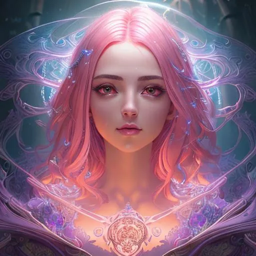 Prompt: incredibly detailed, glowing Luminous magical currents unusual magic elements, cinematic digital art, cinematic lighting, Gorgeous hyper-detailed, smooth and clear intricate details, inspired by Greg Rutkowski, photorealism, hyperdetailed, #Prisi# young woman with pink hair hyperrealism 12k resolution complementary colors wide-angle lens sunny