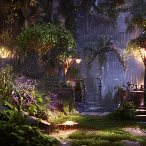 Prompt: midnight in the garden, cinematic lighting, intricately detailed, hyper detail, intricate design, coherent design, purpose built, photorealism, fantasy, ultra realistic, 8k ultra HD, unreal engine 5, octane render, close up of wet foliage