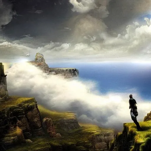 Prompt: cliff looking off the edge of the world, fantasy, landscape, clouds,