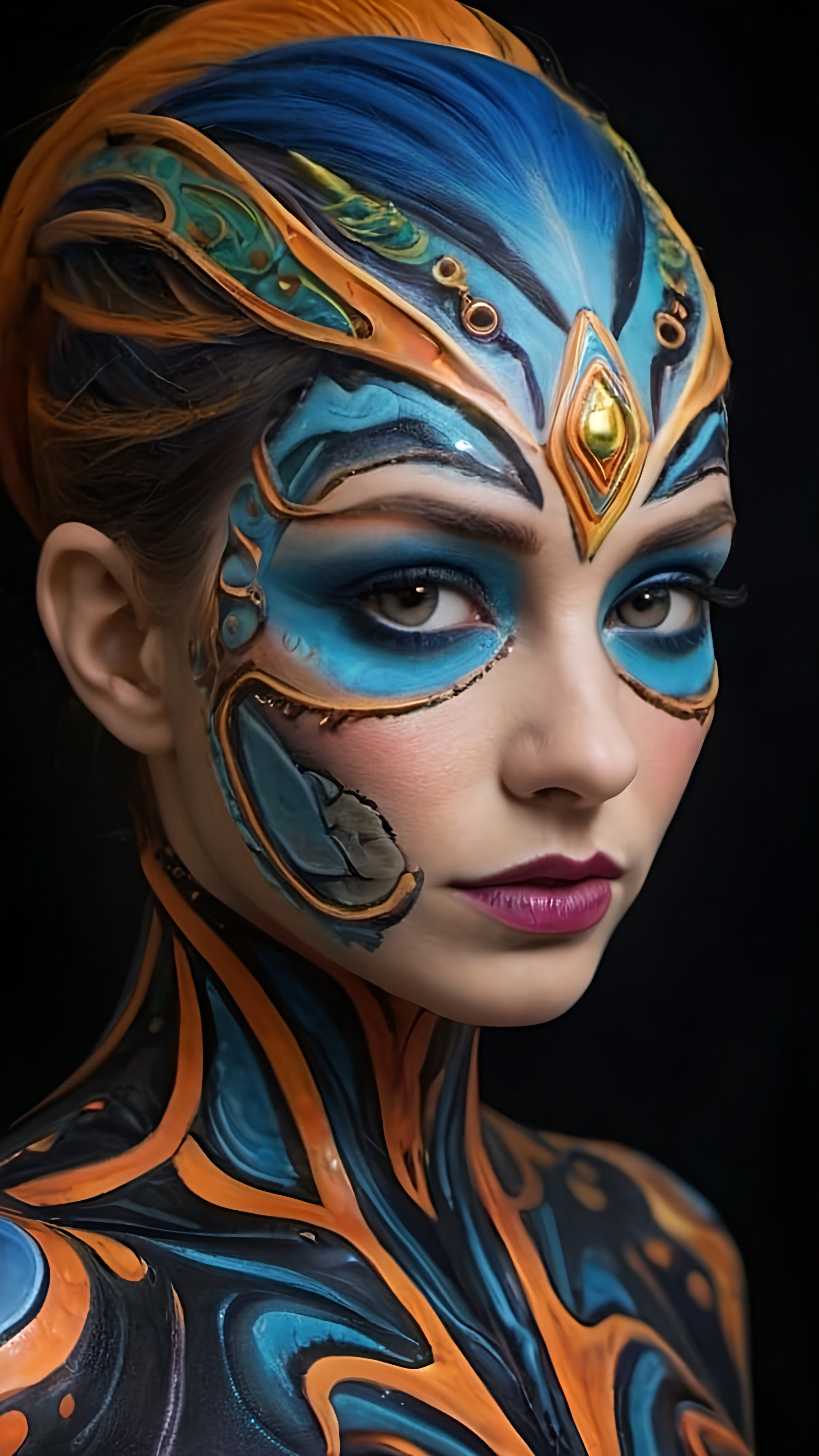 Prompt: a woman with blue and orange face paint on her body and face, with a black background, highly detailed digital painting