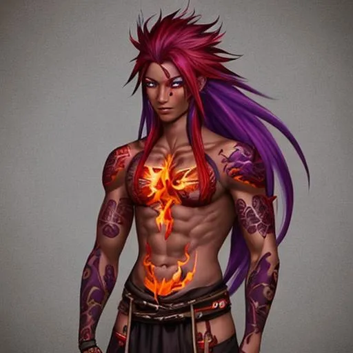 Prompt: Male fire genasi with dark purple-red skin, long fire hair, fire tattoos