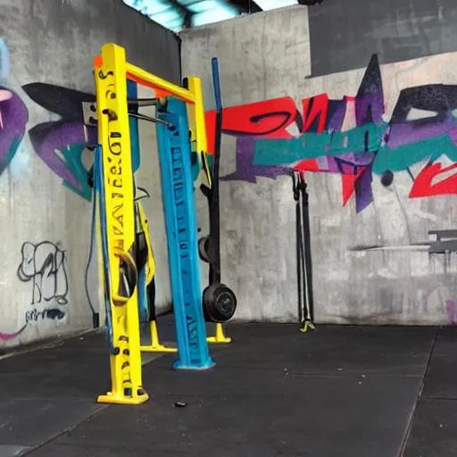 Prompt: training with barbell painted with grafitti