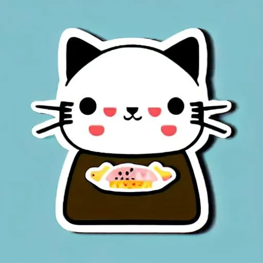 Prompt: Die-cut sticker, Cute kawaii mother cat with food sticker, white background, illustration minimalism, vector, secondary colors, white background