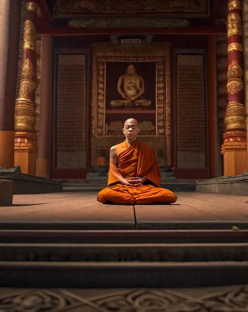 Prompt: A medium shot of a A lone Serene Buddhist monk meditates sitting in the full lotus position, in front of a Buddhist monestary.  His face is beautiful and peaceful, ultra detailed, highly detailed scenario, photorealistic, intricate, masterpiece, UHD, HDR, symmetric, coherent, epic detail, stunning, beautiful, ,lumen render ,lumen path tracing ,path tracing light ,path tracing shadow ,path tracing special fx, 