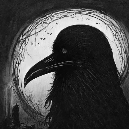 Prompt: Prompt: "Generate an image that captures the mood of Edgar Allan Poe's 'The Raven.'"
In this literature prompt, we're looking for an evocative image that conveys the eerie and melancholic mood of Edgar Allan Poe's classic poem, 'The Raven.' The image should encapsulate the sense of foreboding and mourning that permeates the poem. Elements like a dark, gothic setting, a raven perched ominously, and dim lighting would be appropriate. The goal is to create an image that helps students visualize and feel the emotions and themes explored in Poe's work, aiding in their literary analysis.
