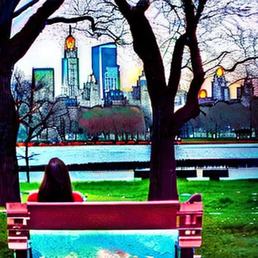 Prompt: Sitting in central park with the buildings in the background humans living and enjoying the nature abstract art everything melting and offset, odd, 