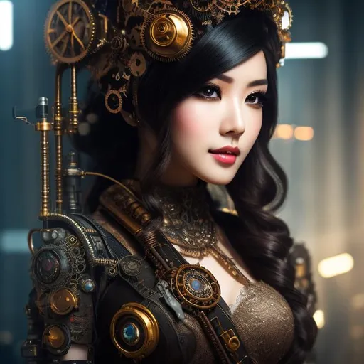 Prompt: Produce a photograph of a steampunk robotic beautiful female android, asian, dark brown eyes, looking at the viewer, with fantasy colors, spot lights, in a dark background, high quality, trending art, trending on artstation, sharp focus, studio photo, intricate details, highly detailed, UHD, HDR, 8K, ((Masterpiece))