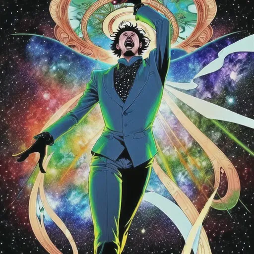 Prompt: crazy man determinedly takes power tell he's at the top of everything in the cosmos 