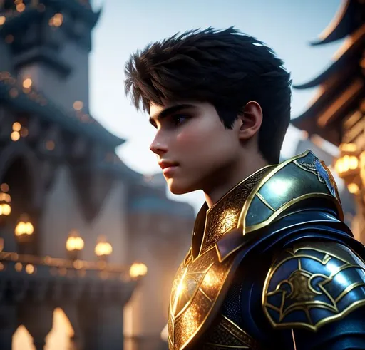 Prompt: Knight in a fantasy world ,perfect  nose, brown hair, hairstyle to the side, oval face, weight 60kg, height 1.78, 17 years old close-up back view half body, perfect body,  Super detailed armor over a castle , hyper realistic details, cinematic lighting, 3d, 8k