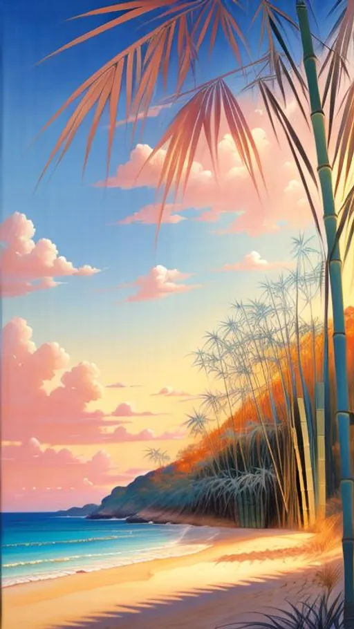 Prompt: bamboo, landscape, aesthetic, soft lighting, golden hour, tan, blue, white, high res, pink, dreamy, beach, serene, painting, dramatic