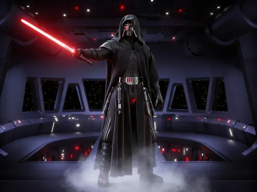 Prompt: @XWM4l8k9Dhy91kk7NWEN @image_-zxXJEuo_1767201700852_1024 @image_gIEsY9x-_1767201701042_1024@image_XL-66OU3_1767201700905_1024 A menacing figure draped in a dark hooded cloak stands imposingly against a backdrop of twinkling stars, casting an ominous aura. The character’s face, obscured by a reflective mask, glimmers in the faint light, enhancing the sense of mystery and power. In one outstretched hand, a vibrant red lightsaber ignites, casting an eerie glow that contrasts with the shadowy environment. The meticulously detailed armor, featuring an array of gadgets and textures, adds depth and dimension, while a mist swirls around the feet, enveloping the scene in an atmosphere of intrigue and tension. This striking portrayal captures the essence of a formidable force within a sci-fi narrative, evoking a sense of impending confrontation and the dark side of a legendary universe.