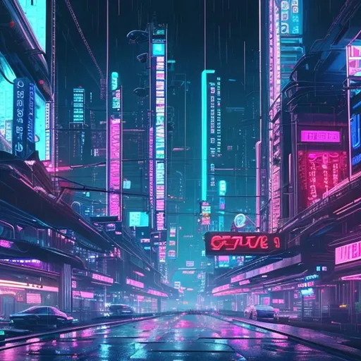 Prompt: futuristic neon city with cyberpunk-style billboards in the evening of a rainy day

