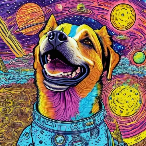 Prompt: A Happy Dog in control of The Universe, highly detailed, colourful