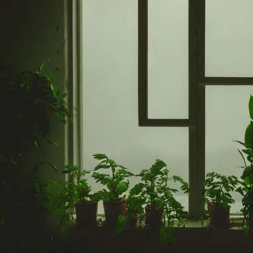 Prompt: lofi aesthetic rainy evening window with plants looking out foggy city