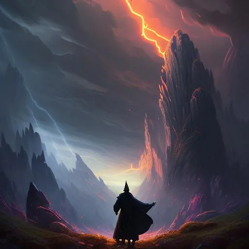 Prompt: fantastic landscape, style: Robert S. Duncanson painting, subject: wizard walking down a path close to camera wearing dark robes, tall wizard staff, subject looking away to the horizon, obsidian tower, thirds, there's a sunset on horizon but a bad storm cell rages ahead, light rays, bokeh. octane render, trending in artstation, deviantart.