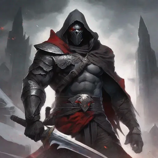 Prompt: Tall, Intimidating, Large, male, Solomon Grundy/goliath D&D build, black hair,  very dark grey scarred skin, covered in bandages, dark tattered cloth armor exposes his midriff, hood of magical darkness mask like Xûr, Agent of the Nine in destiny, large red gem between pecs in chest, Path of the Zealot Barbarian, Strong, wielding large two-handed great-axe, Fantasy setting, D&D