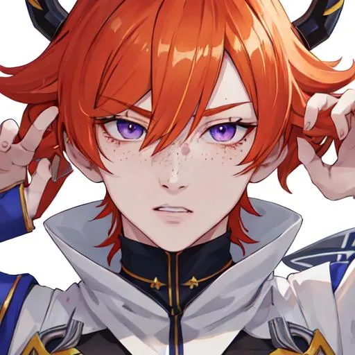 Prompt: Erikku male (short ginger hair, freckles, right eye blue left eye purple) muscular, UHD, 8K, Highly detailed, insane detail, best quality, high quality. hands in the air, as a gangsta