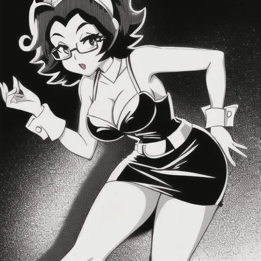 Prompt: 1930s cartoon style, lady with glasses and skirt, elegant, gorgeous,  black hair, betty boop style, black and white image, monochromatic colors, high quality, high resolution