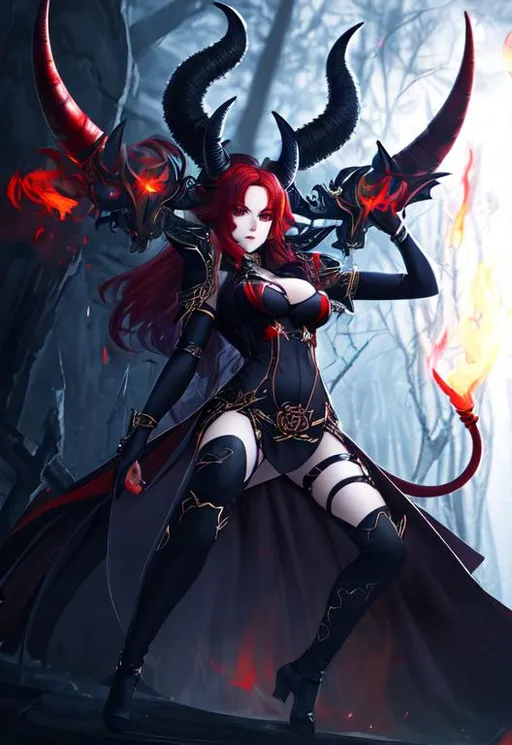 Prompt: demon, horns, woman, devil tail, red hair, yellow eyes, high heles, highly detailed, full body
