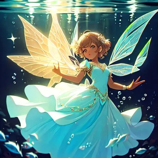 Prompt: pretry fairy, in a highly detailed ornate dress, sparkles, brown skin, underwater, light hair