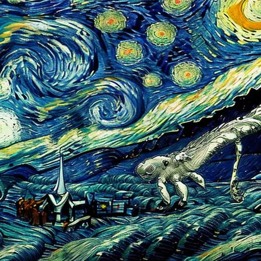 Prompt: humpback whales swimming within van gogh's starry night's sky