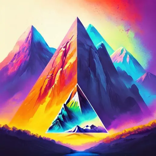 Prompt: landscape of a Colorful futuristic nature, a river, realistic, a big mountain in the shape of a perfect triangle, an eye in the center of the mountain, ultra details, best quality, 4K image