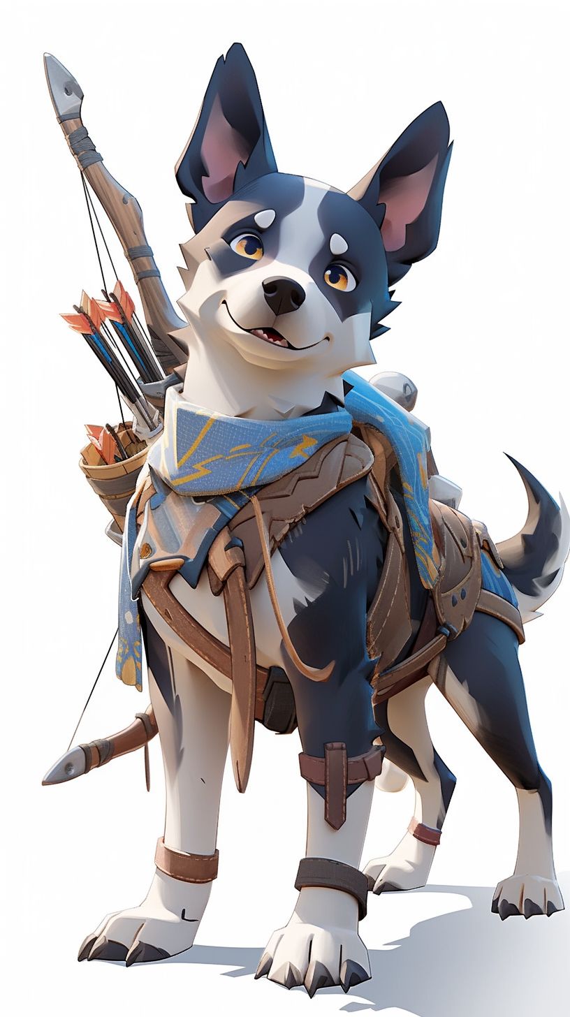 Prompt: Bluey the cattle dog, walking on two feet like a human, dressed as Tartaglia from Genshin Impact with a bow made of ice, in a dynamic but adorable pose --niji 5 --style expressive --ar 9:16