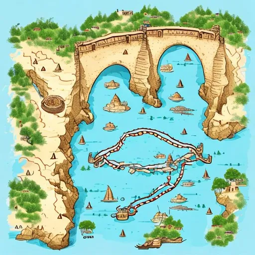 Prompt:  illustration of Ancient treasure map, show the treasure under a brige, 
