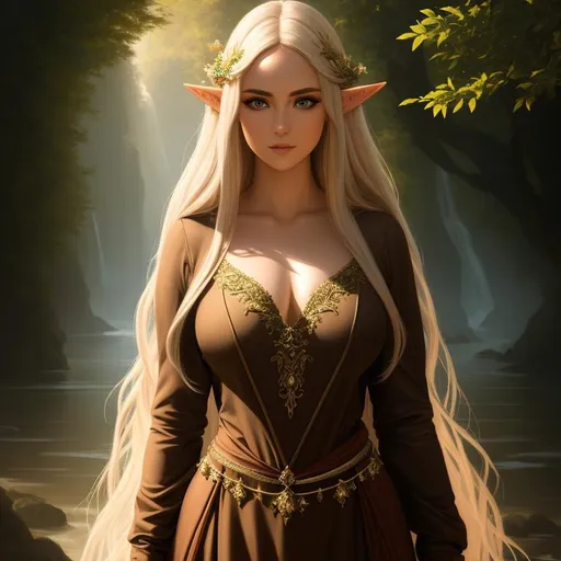 Prompt: Oil painting, Chiaroscuro, landscape, UHD, 8K, highly detailed, panned out view of the character, visible full body, a hyperdetailed mage elven woman, hyperdetailed long hair, masterpiece, hyperdetailed full body, hyperdetailed feminine attractive face and nose, complete body view, ((hyperdetailed eyes)), perfect body, perfect anatomy, beautifully detailed face, alluring smile, ((fantasy_gown1.3)), small chest