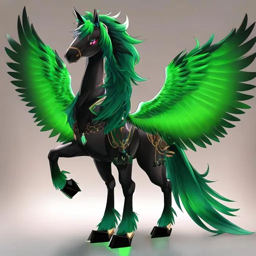 Prompt:  small twisted pegasus animatronic hybrid, with focused emerald eyes. They identify as a Male. Emerald colored feathery wings and tail. dark Green ombre mane and tail. UHD, HD, 4K, green haze, green and black coat, anime