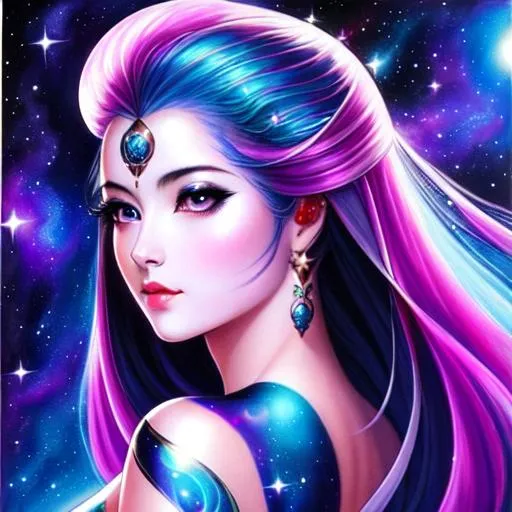 Prompt: Cosmic Epic Beautiful Nebula (Beautiful melancholy {goddess}female liquid satin}, Beautiful and Gorgeous