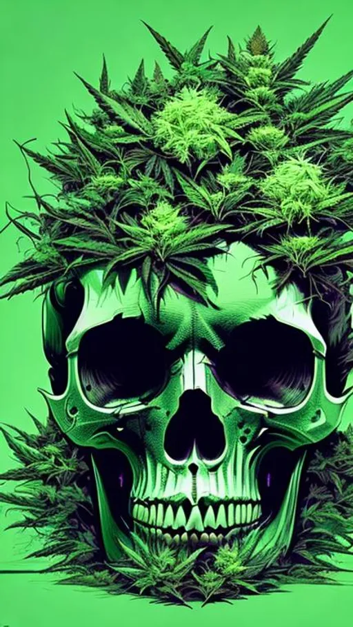 Prompt: Hypnotic illustration of a skull overgrown with cannabis, realistic, Cyberpunk, pop art, neon, 