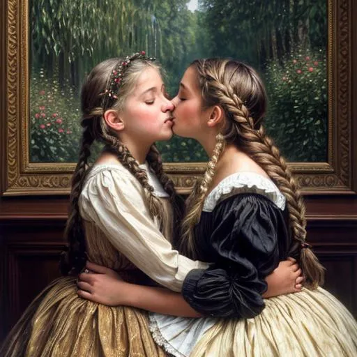 Prompt: oil classic painting Claude Oscar Monet art detailed style picture,  3d modeling, kodachrome, fisheye lens, muse, oil painting, fantasy, dreamy glow, full body, beautiful female a blonde young girl long blond hair in braids is kissing with passion a brown young girl braided brown hair
