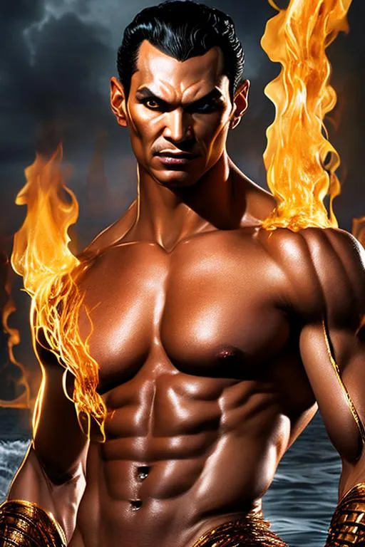 Prompt: High-resolution hyperrealistic image of namor the submariner merged with human torch jim hammond, highly detailed, photorealistic, uhd, hdr, 64k