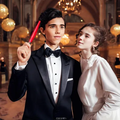 Prompt: Boy in a tuxedo holding his magic wand and standing next to his girlfriend who is in a big red puffy ball gown at prom