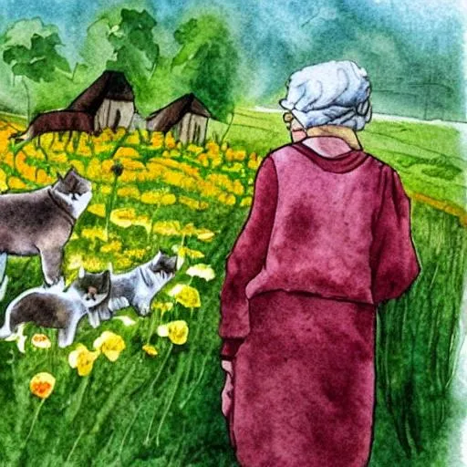 Prompt: Old lady with 7 cats, walk outside her cabin on flower field. watercolor