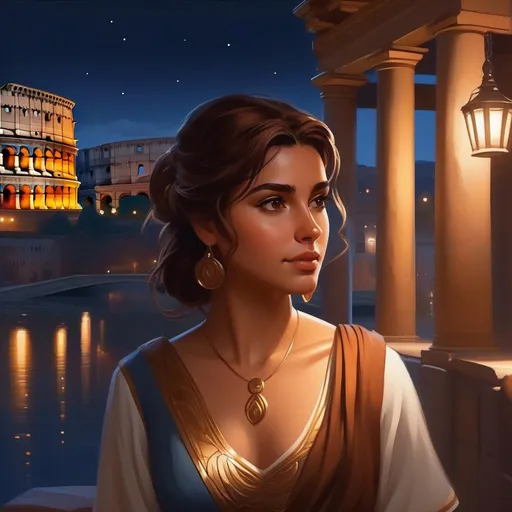 Prompt: Third person, gameplay, Roman girl, olive skin, brown hair, brown eyes, 2020s, Rome at night, warm atmosphere, cartoony style, extremely detailed painting by Greg Rutkowski and by Henry Justice Ford and by Steve Henderson 