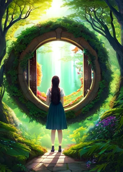 Prompt: Student gazing out the window through a portal of nature, art, illustration, beautiful, stunning, creative, unique, fascinating, dreamy,

