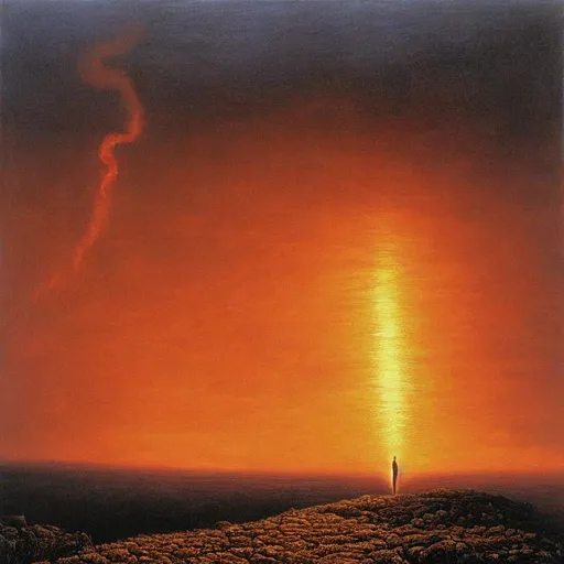 Prompt: Hyper-realistic nightmarish painting by Zdzisław Beksiński of a warrior standing upon a landscape of corpses as he is consumed by fire. A glimmer of hope shines above the warrior, painted by Alejandro Bursido. death | suffering | malevolence | war | grim | despair | UHD, 4K, 8K, 64K, highly detailed.